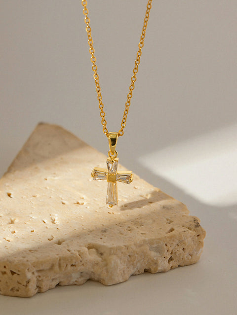 Cross – Clear CZ Necklace, 18K Gold Finish
