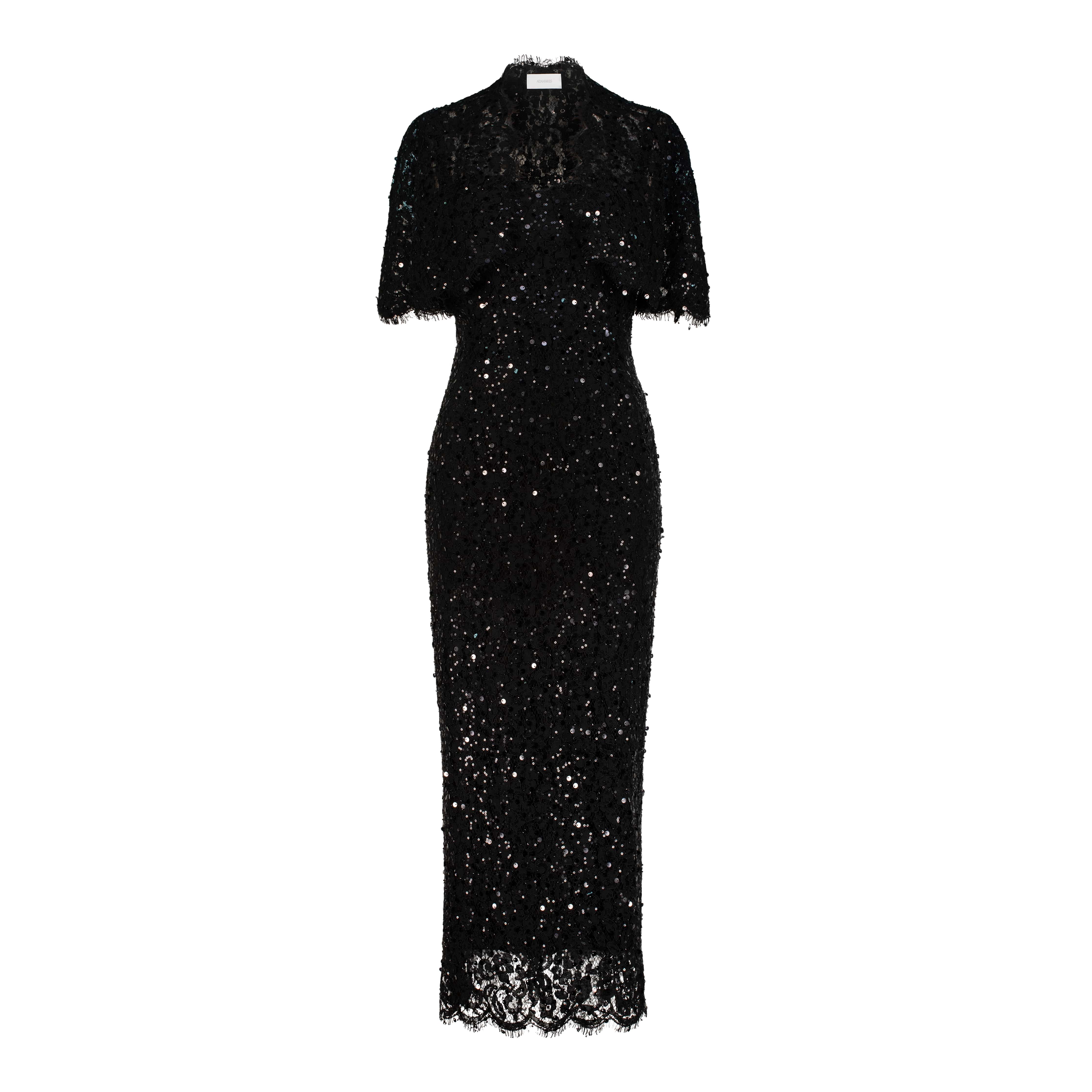 Adamaris Black Embellished Midi Dress with Cape