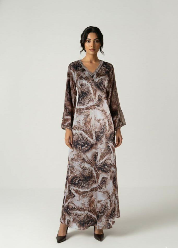 Dress-Jellabiya- Patterned Silk long Loose Style -with splendid Colores Brown