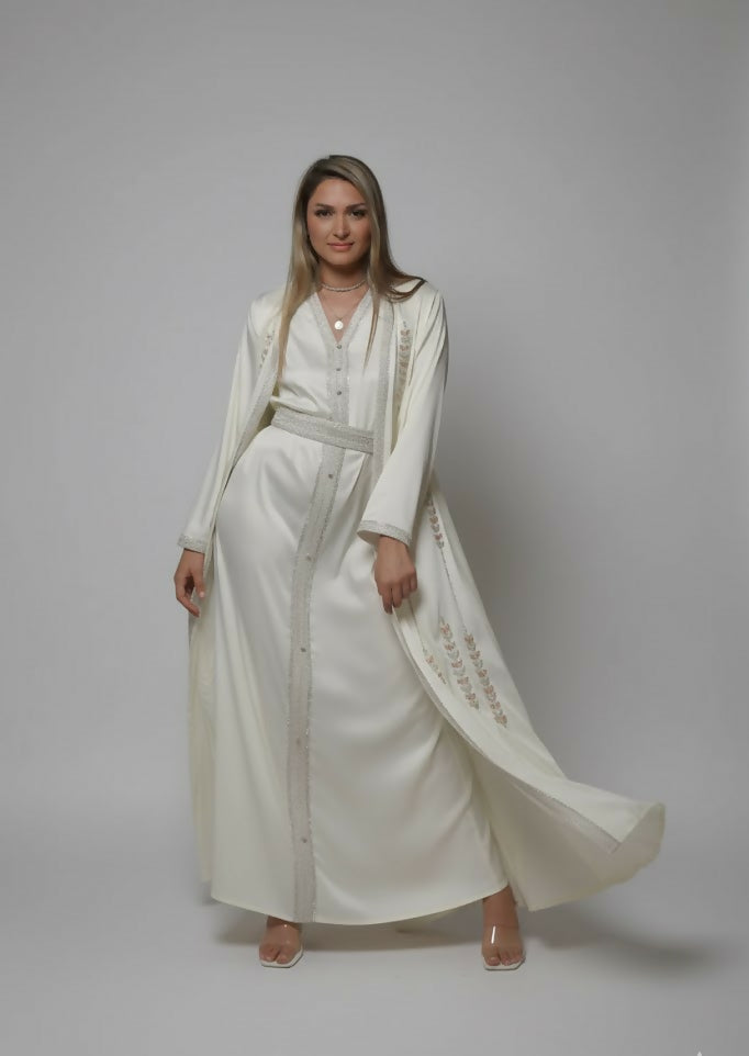 Handcrafted Embroidered – Two Piece Kaftan Dress with belt – in striped elegant touch