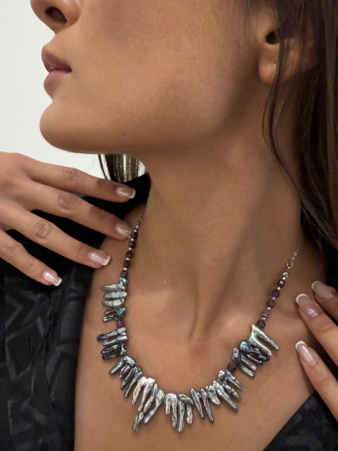 Silver Ruby Pearl Necklace