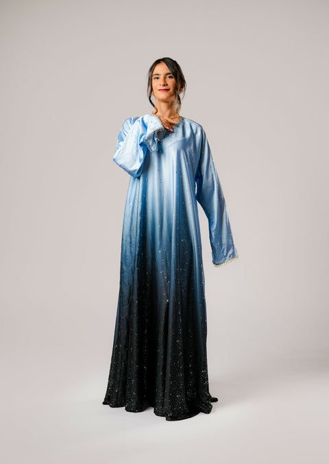 Dress-Jellabiya- Patterned Silk long Loose Style - With A luxury mixture of Blue color with stars -Sleeves with lace