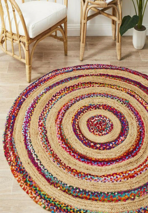 Round Jute carpet rug with colorful braiding