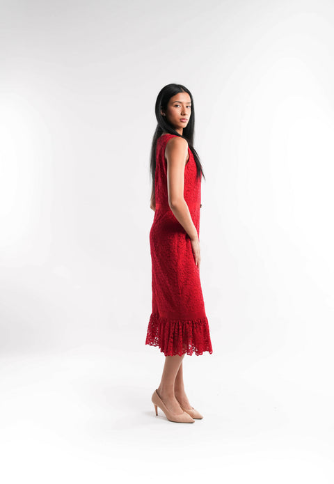 Red Lace Dress with Crystal Waist Detail