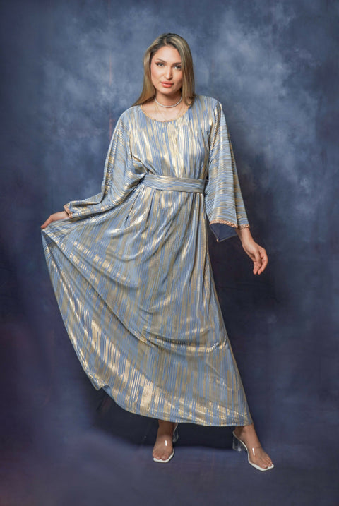 Modern Jalabiya with Belt and Golden Striped Sleeves in Blue Free Size