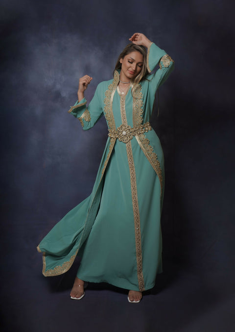 Handcrafted Embroidered Two-piece Silky Kaftan with Belt in Green Free Size