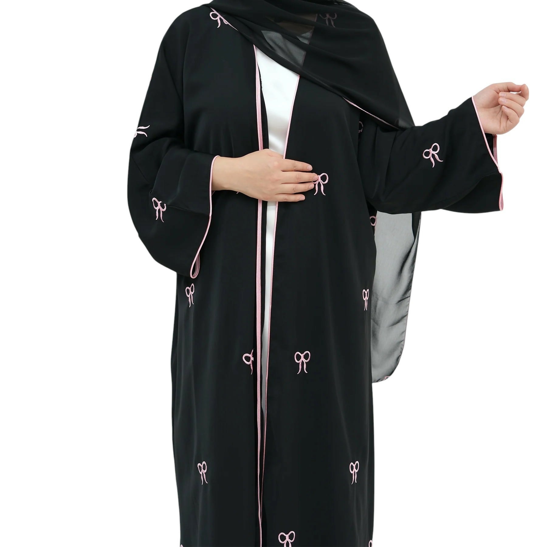 Black Abaya with Pink Bow Embroidery