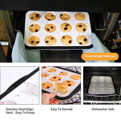 Silicone 12 cups Mini Muffin Pan with Stainless Steel Frame for Safe Handling