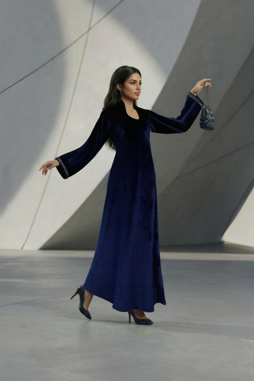 Jellabiya -Sprightly velvet with elegant and modern Navy blue -wide and luxurious - long Loose Style