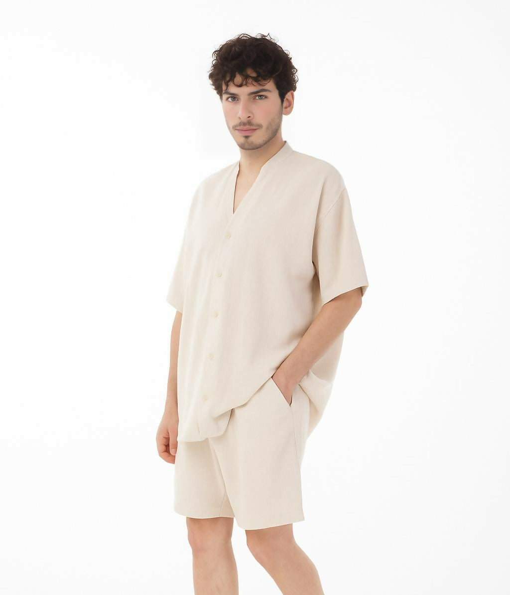 Mandarin Collar Linen Shirt & Shorts Set - Beige