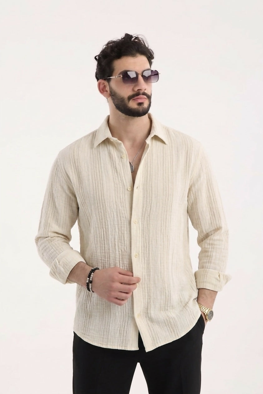 Striped Muslin Shirt with Stand Collar - Beige