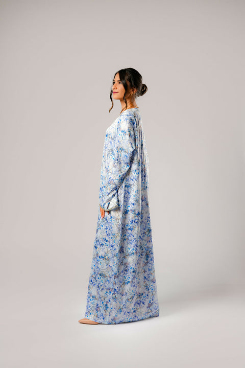 Dress-Jellabiya- Patterned Silk long Loose Style - With A luxury mixture of Blue Flowers color-Sleeves with lace
