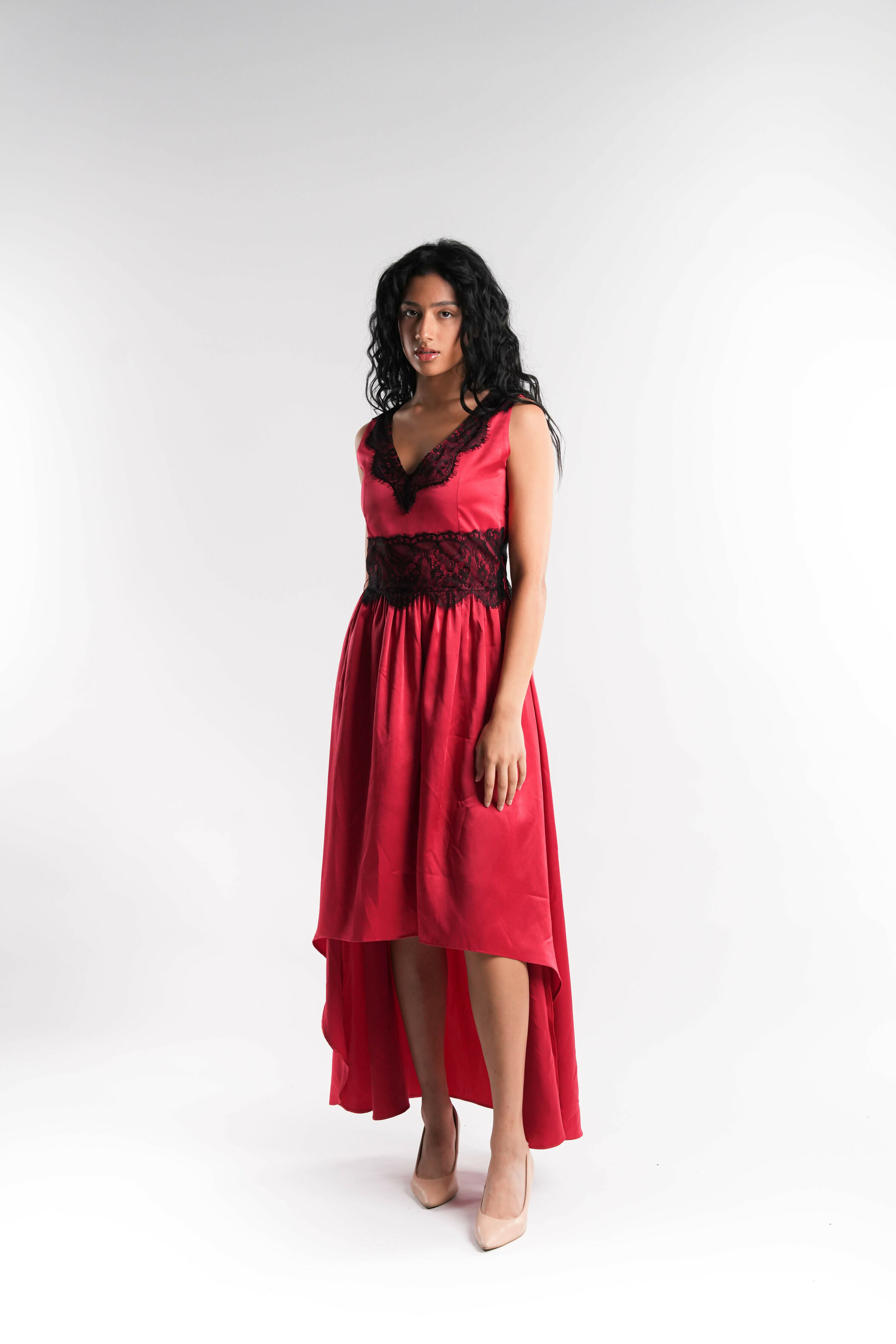 Satin Dress with Contrast Black Lace