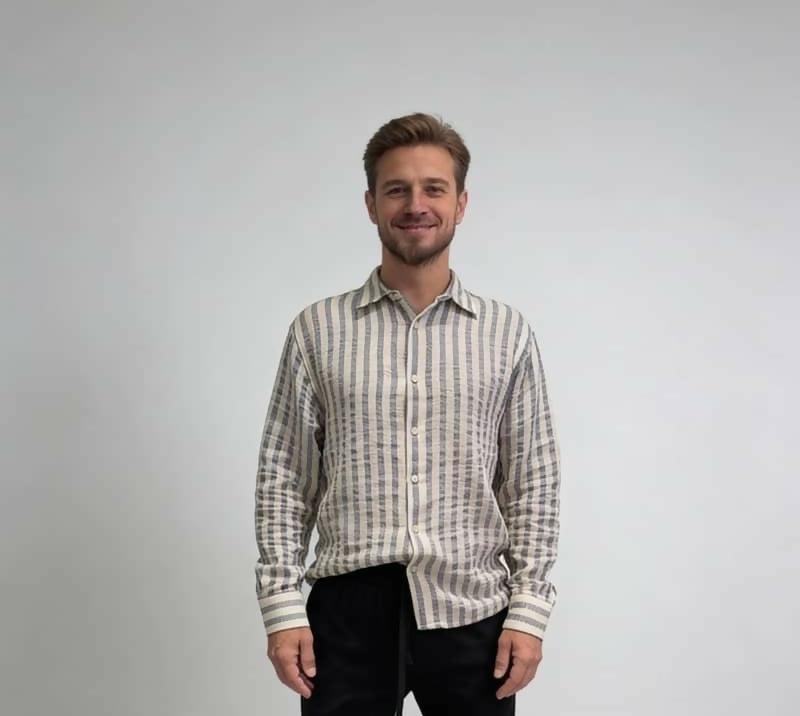 Striped Band Collar Long Sleeve Shirt - Black