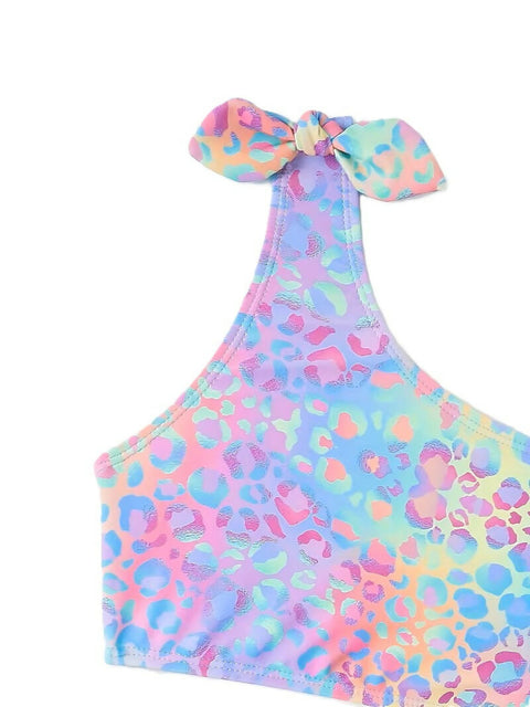 Girls’ One-Shoulder Pastel Leoaprd Bikini Set
