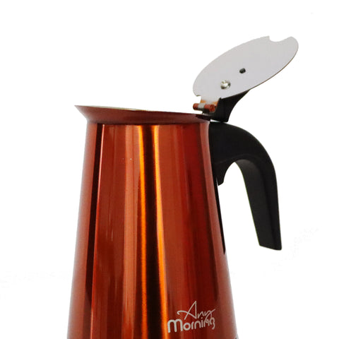 Any Morning FE001-6 Stovetop Espresso Coffee Maker Stainless Steel Induction Moka Pot 300 Ml Copper