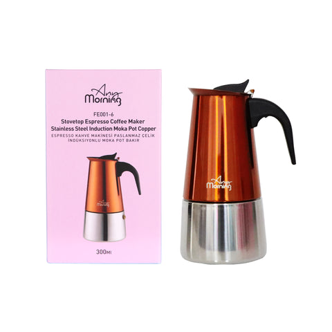 Any Morning FE001-6 Stovetop Espresso Coffee Maker Stainless Steel Induction Moka Pot 300 Ml Copper