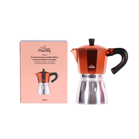 Any Morning Hes-6 Stovetop Espresso Coffee Maker Aluminum Moka Pot 240 Ml Copper