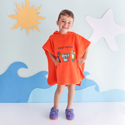 Milk&Moo Kids Poncho, %100 Cotton, Hooded Beach Towels for Kids, Open Sided, Ultra Soft and Absorbent, Jungle Friends Embroidery, One Size, 22,5x24 inch (57x61 cm), Orange