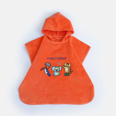 Milk&Moo Kids Poncho, %100 Cotton, Hooded Beach Towels for Kids, Open Sided, Ultra Soft and Absorbent, Jungle Friends Embroidery, One Size, 22,5x24 inch (57x61 cm), Orange