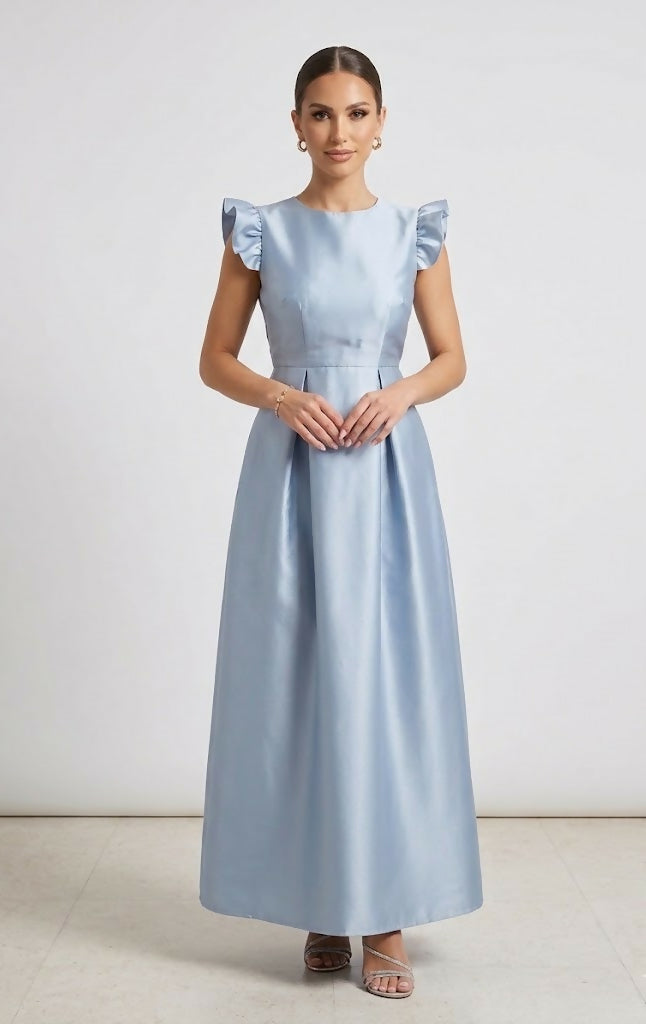Luxury Sky Blue taffeta Evening Gown with Ruffled Sleeves