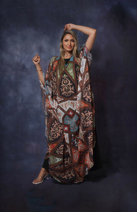 Handcrafted Embroidered Two-piece Silky Kaftan in Multicolour Digital Print Free Size