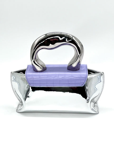 Lavender Crocodile Embossed Bag CRISANTA Crocodile-Embossed Mini Handbag with Sculptural Silver Handle