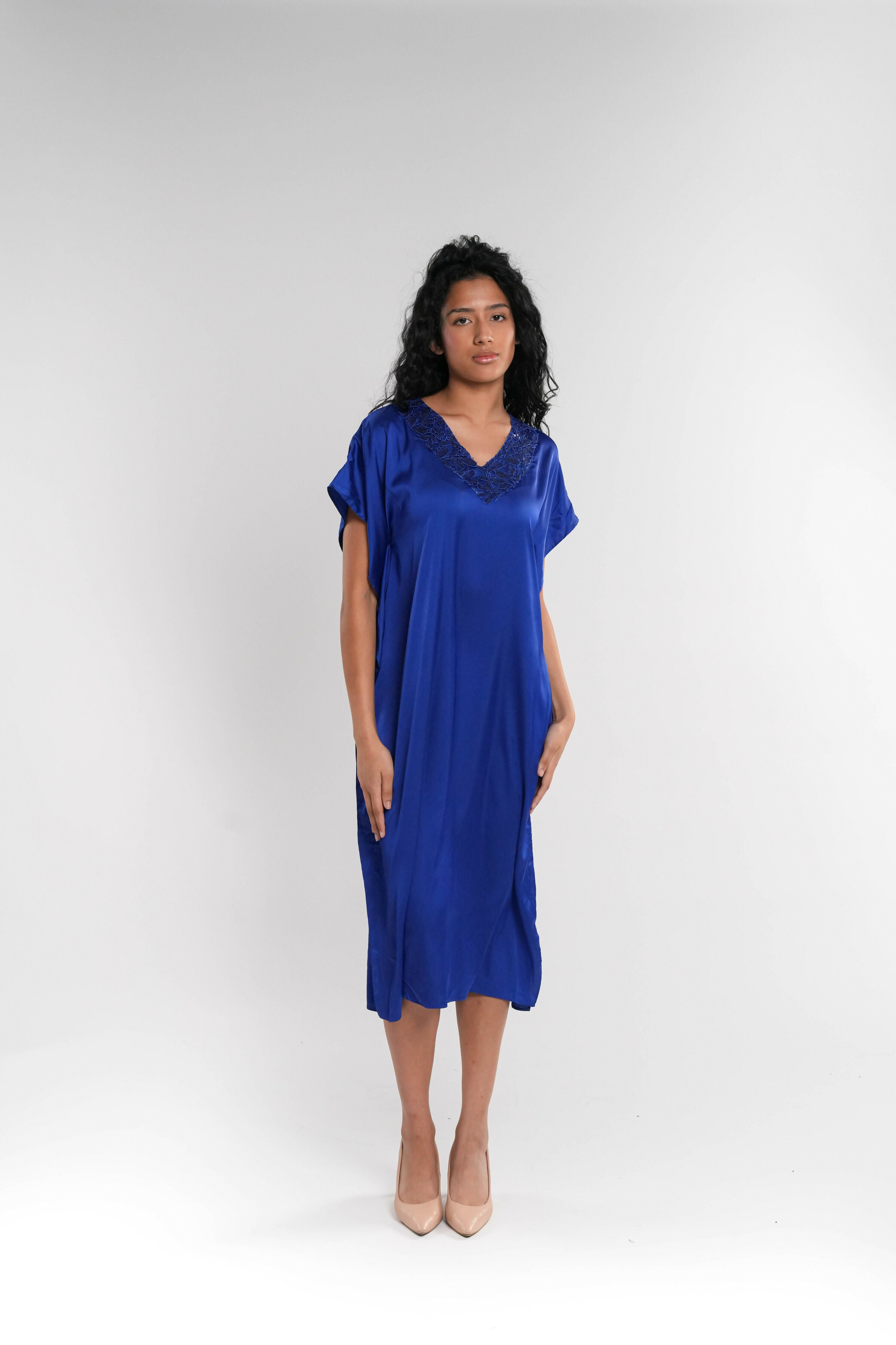 Blue Midi Tunic with Embellished Neckline
