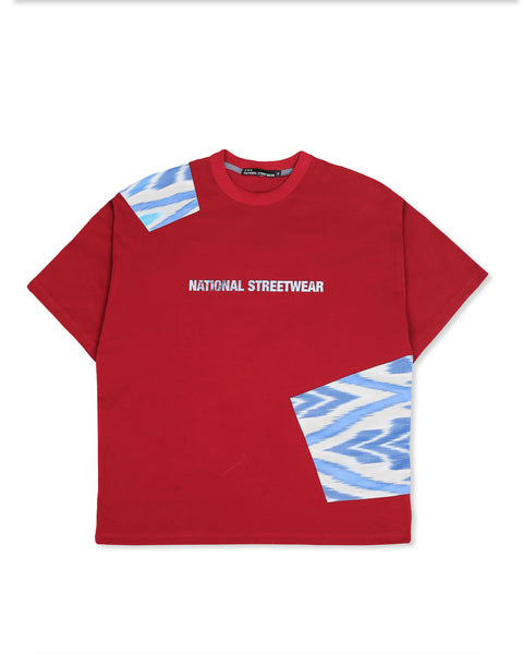 Oversized Maroon T-Shirt with Blue and White Adras Pattern