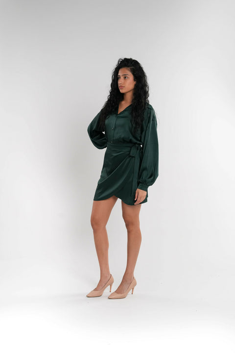 Green Satin Two-Piece Set (Blouse & Top)