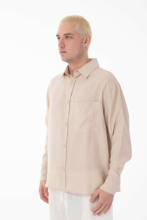 Stand Collar Single Pocket Detailed Long Sleeve Modal Shirt - Beige