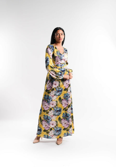 Yellow Floral Silk Dress