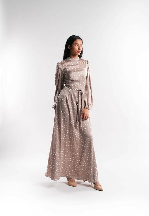 Beige Silk Polka Dot Dress