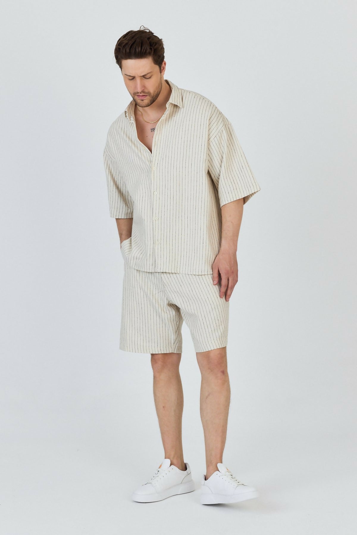 Stand Collar Striped Shirt and Shorts Set - Black