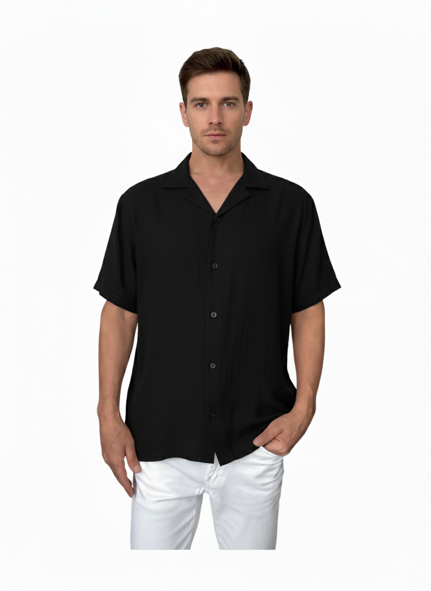 Apache Collar Short Sleeve Muslin Shirt - Black