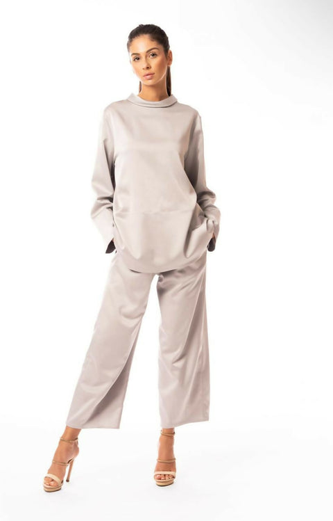 Dark Grey Silk Long Sleeve Shirt and Midi Trousers Set