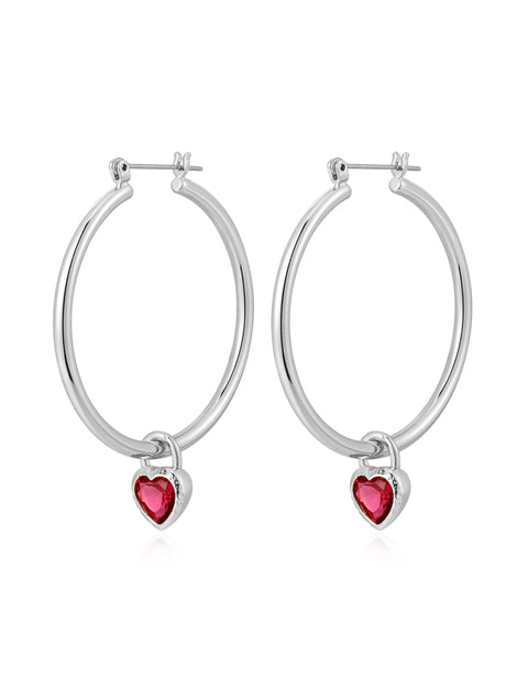 Bezel Heart Charm Hoops- Silver