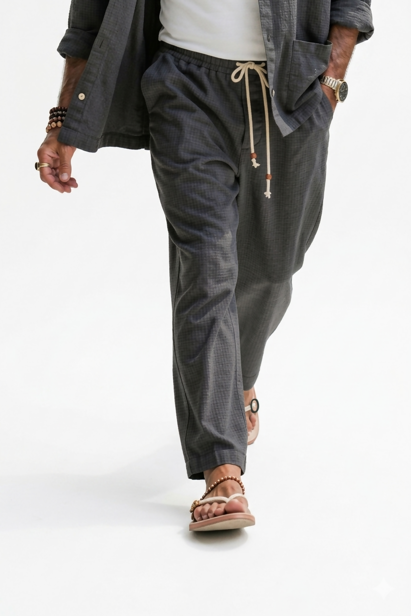 Waffle Texture Baggy Pants - Black