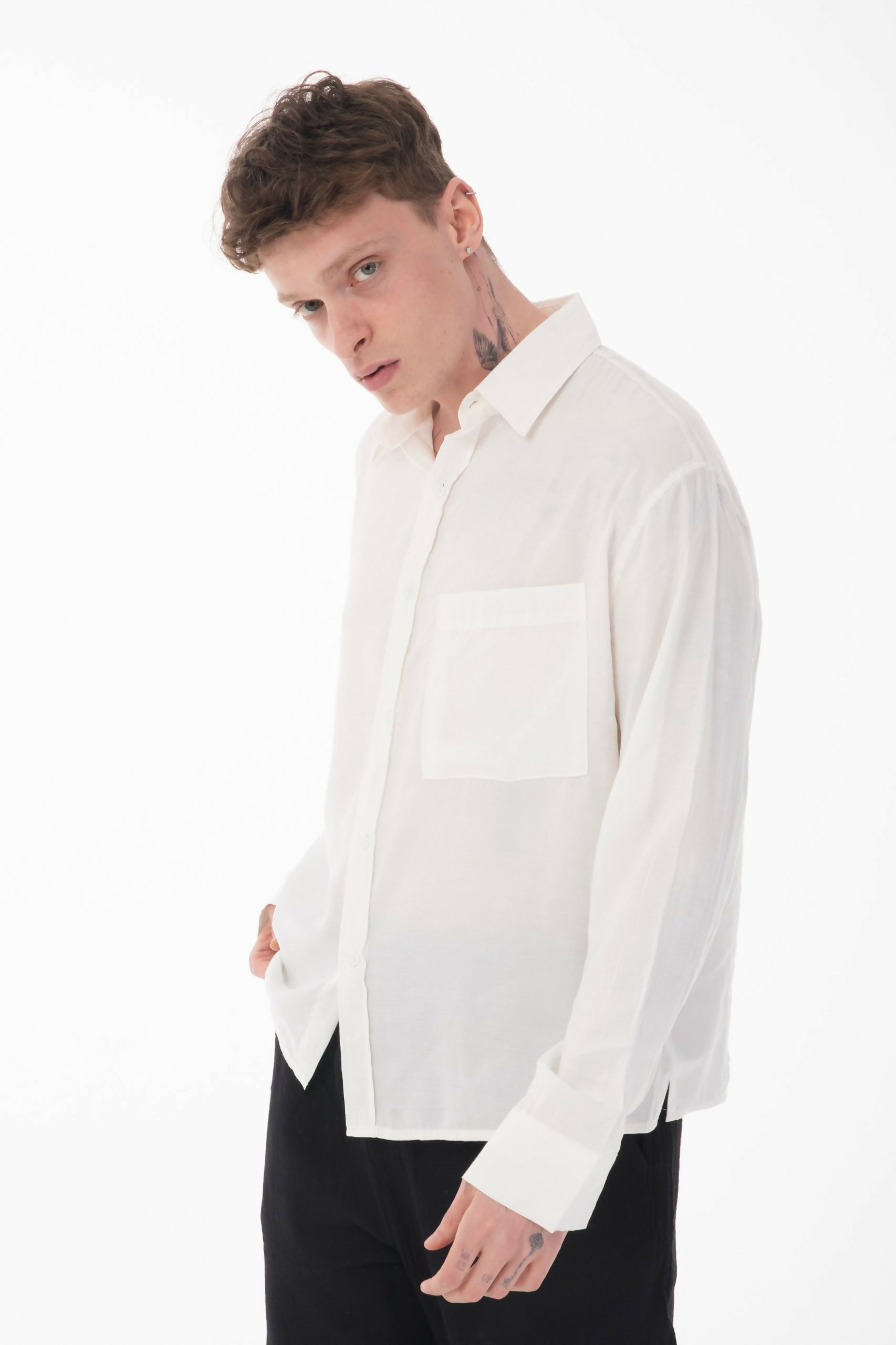 Stand Collar Single Pocket Detailed Long Sleeve Modal Shirt -Ecru