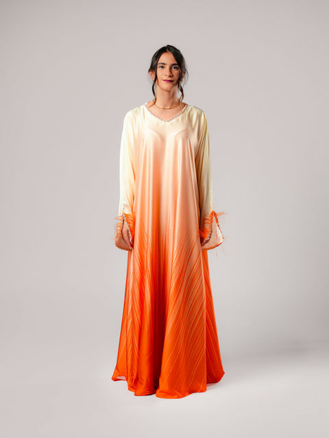 Dress-Jellabiya- Patterned Silk long Loose Style - With A luxury mixture of yellow and orange color-Sleeves with lace and soft feathers