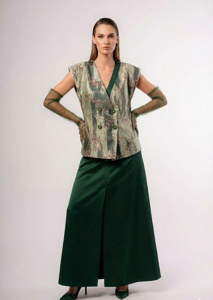 Green And Gold Skirt, Vest And Sheer Gloves
