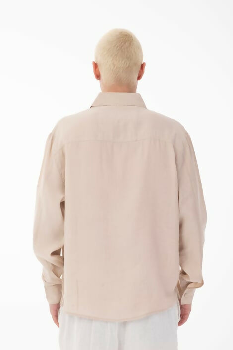 Stand Collar Single Pocket Detailed Long Sleeve Modal Shirt - Beige