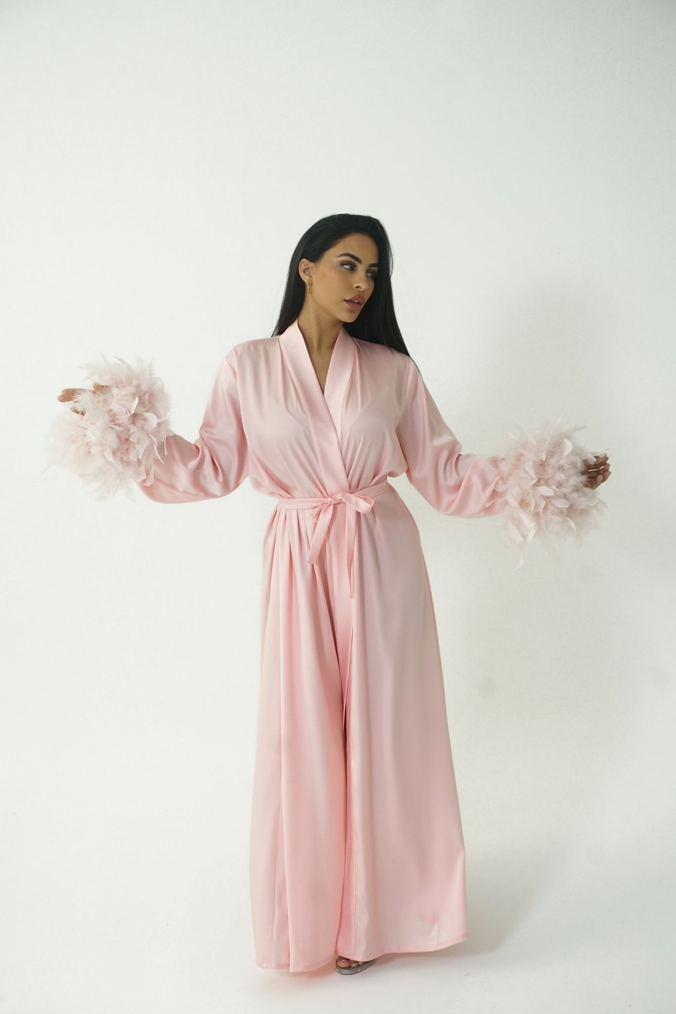 AMK COUTURE Abaya Pink Princess Kimono Feather