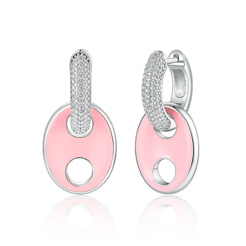 Huggies-earrings with cubic zirconia and pink enamel