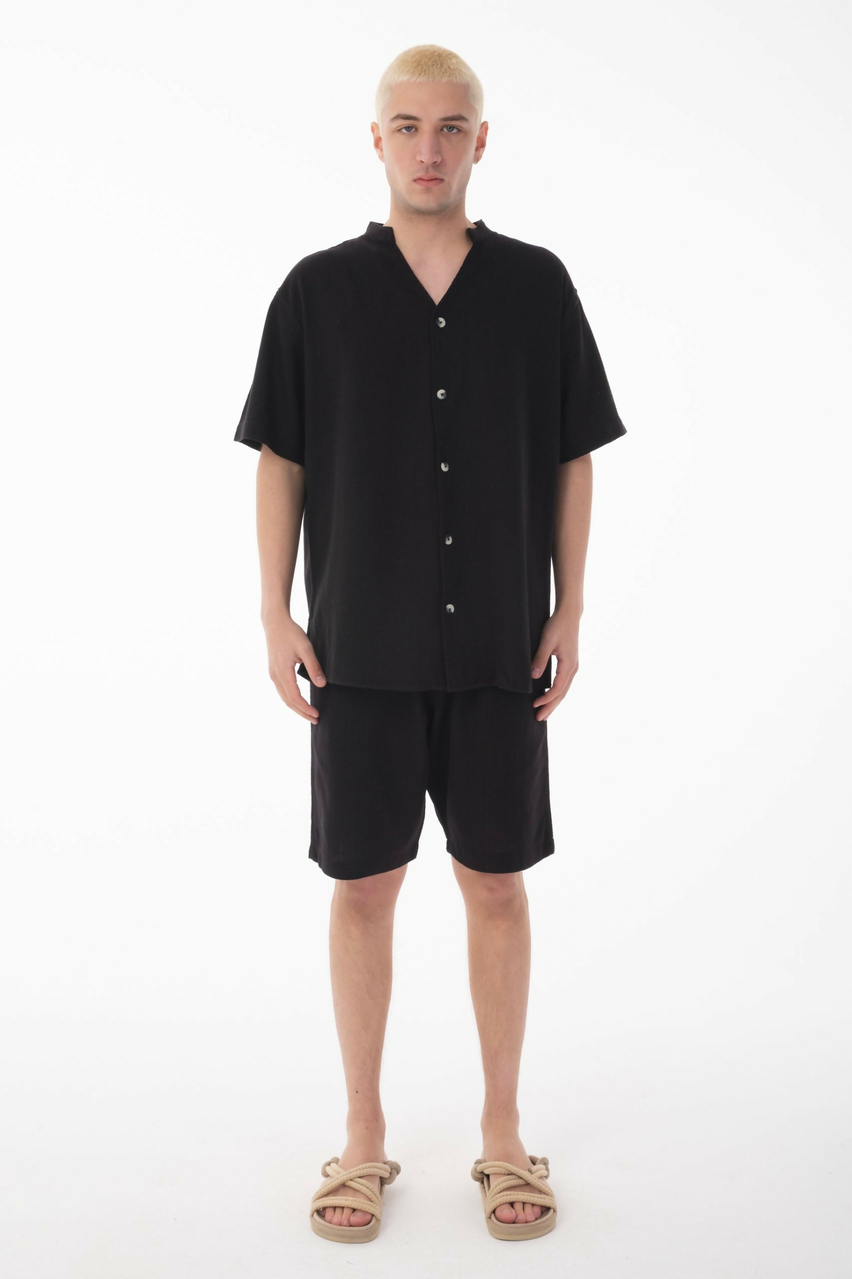 Mandarin Collar Linen Shirt & Shorts Set - Black