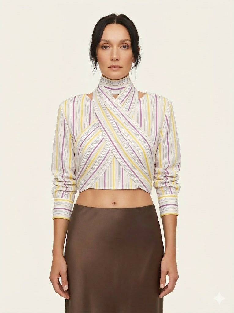 Yellow Striped Shirt with Scarf
