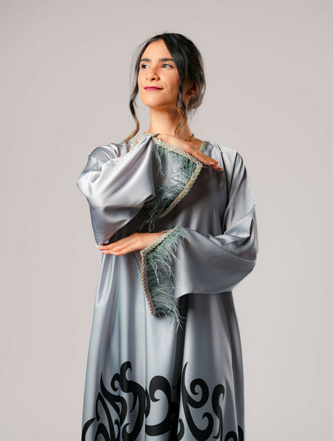Dress-Jellabiya- Patterned Silk long Loose Style - With A luxury mixture of Gray and black color-Sleeves with lace and soft feathers