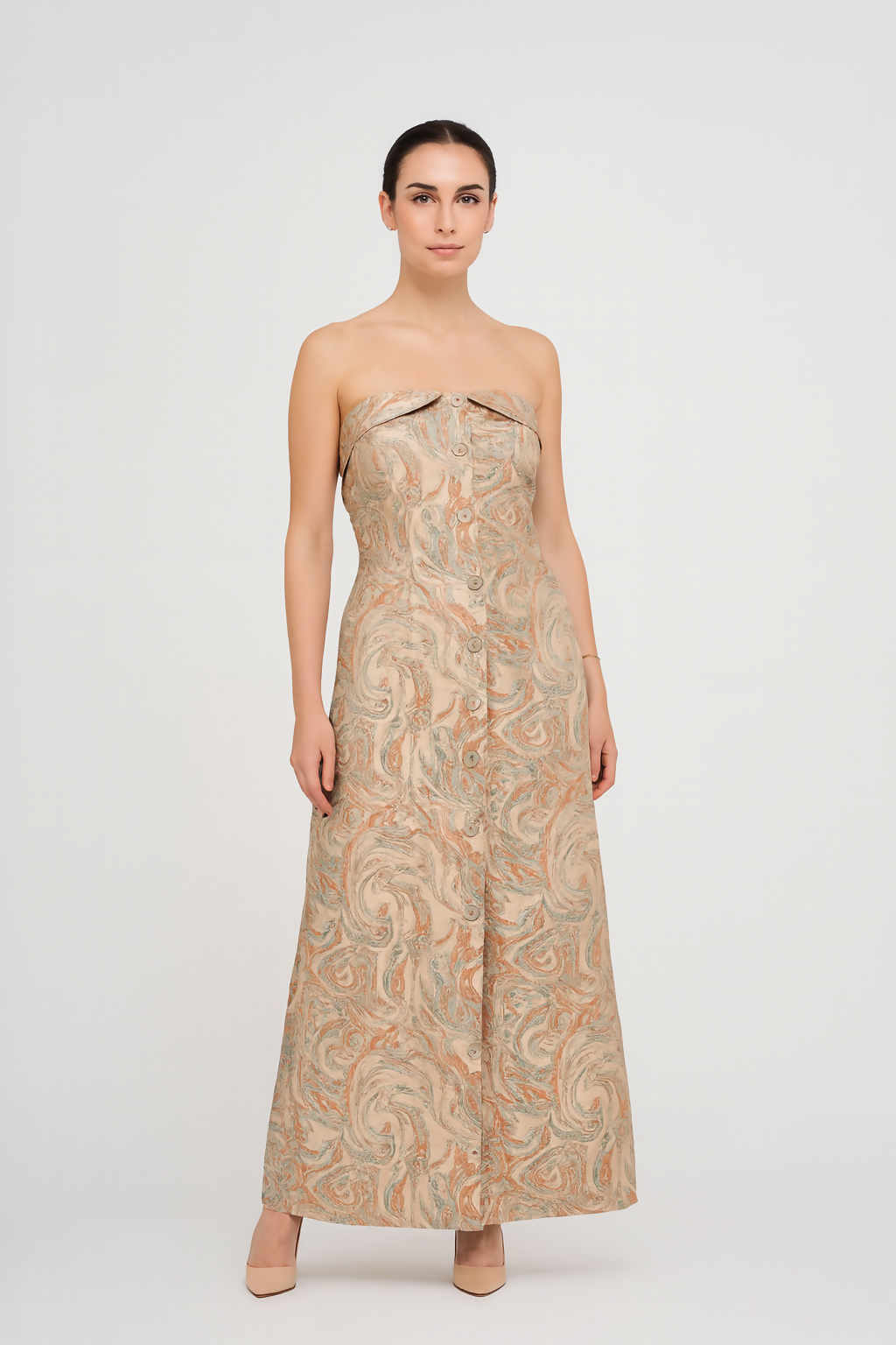 Apricot And Gold Glitter Long Dress (With Buttons)