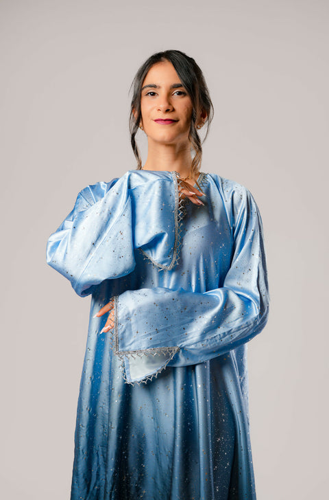 Dress-Jellabiya- Patterned Silk long Loose Style - With A luxury mixture of Blue color with stars -Sleeves with lace