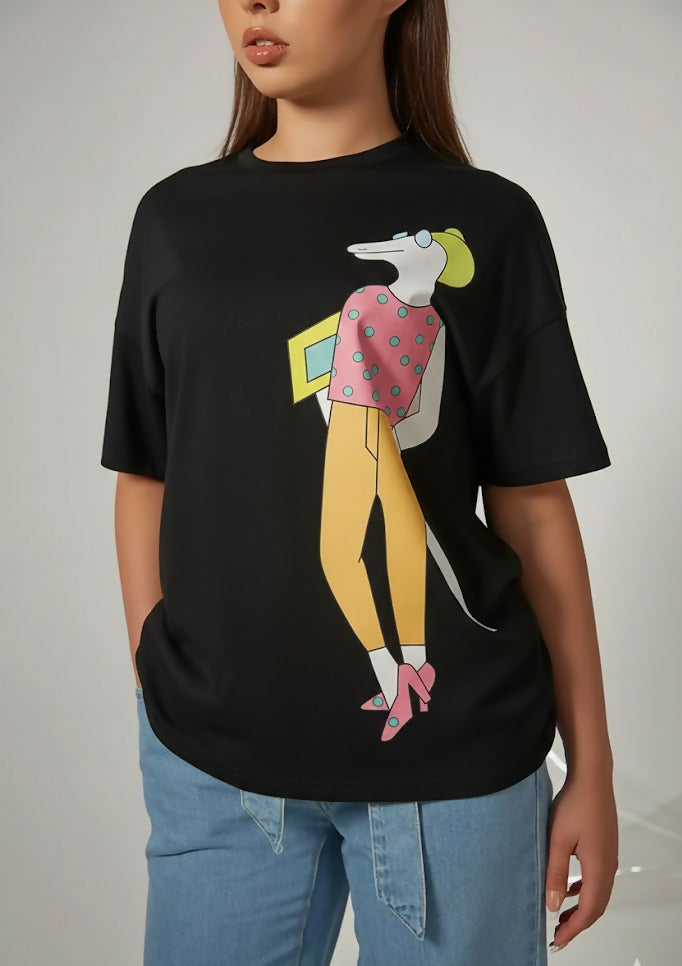 PRINTED SLANTED SHOULDER T-SHIRT